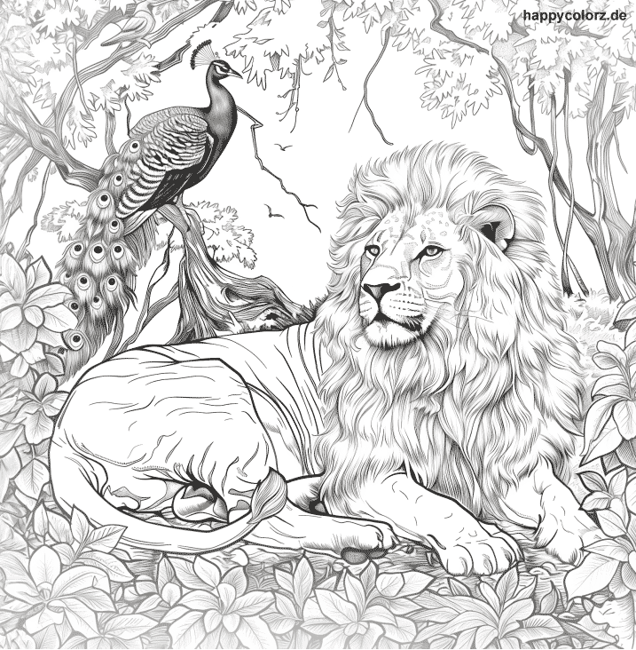 Löwe mit Pfau im Dschungel Ausmalbild