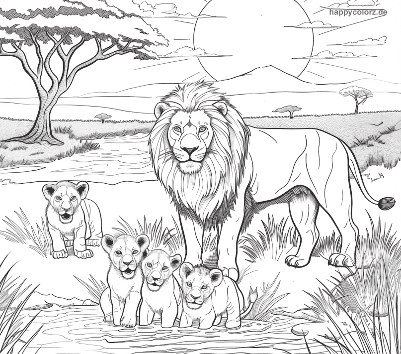Löwenfamilie am Wasserloch Malvorlage