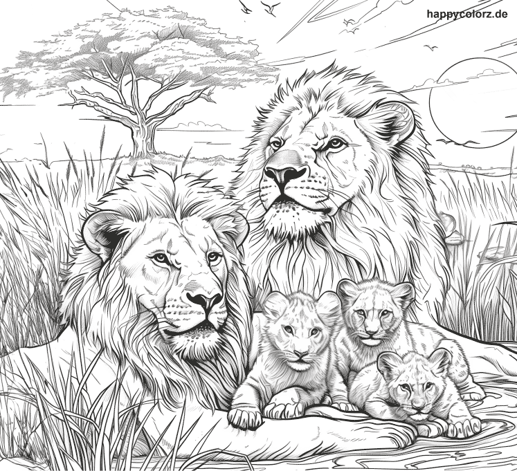 Ausmalbild Löwenfamilie im Gras bei Sonnenuntergang