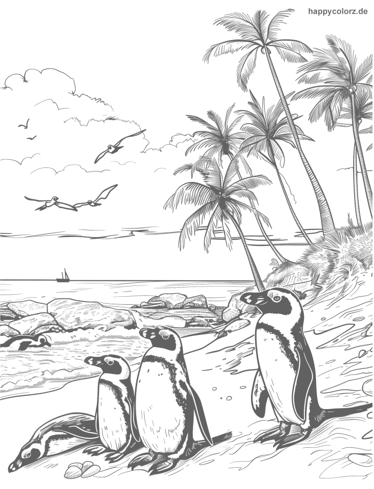 Afrikanische Pinguine am Strand - Ausmalbild zum ausdrucken