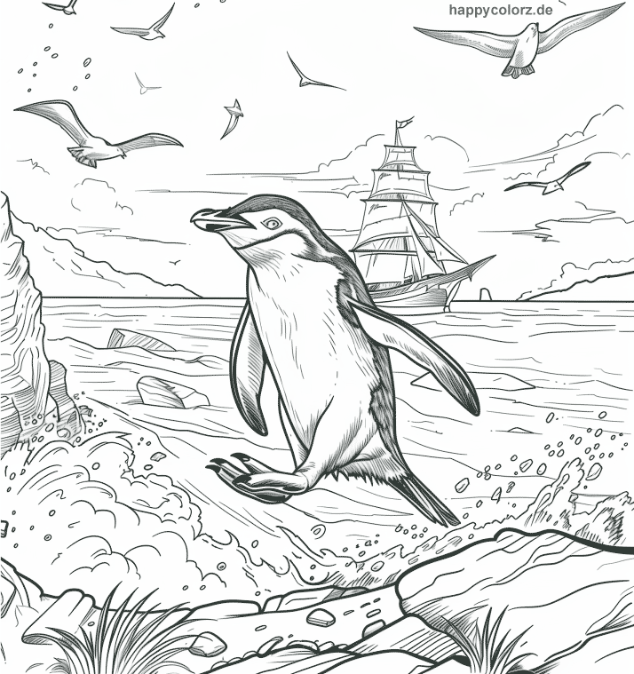 Pinguin springt aus dem Meer - Möwen und ein Segelschiff im Hintergrund Ausmalbild