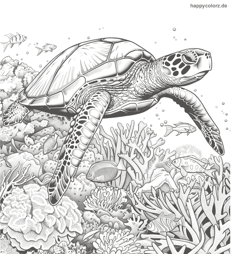 Ausmalbild Karettschildkröte schwimmt durchs Korallenriff