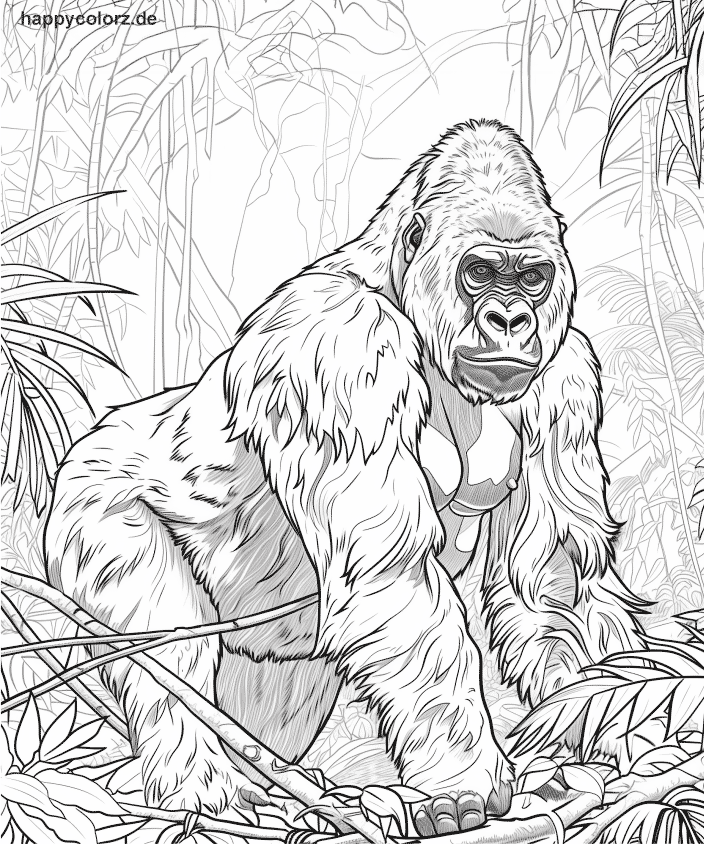 Starker Gorilla im Dschungel Malvorlage zum ausdrucken