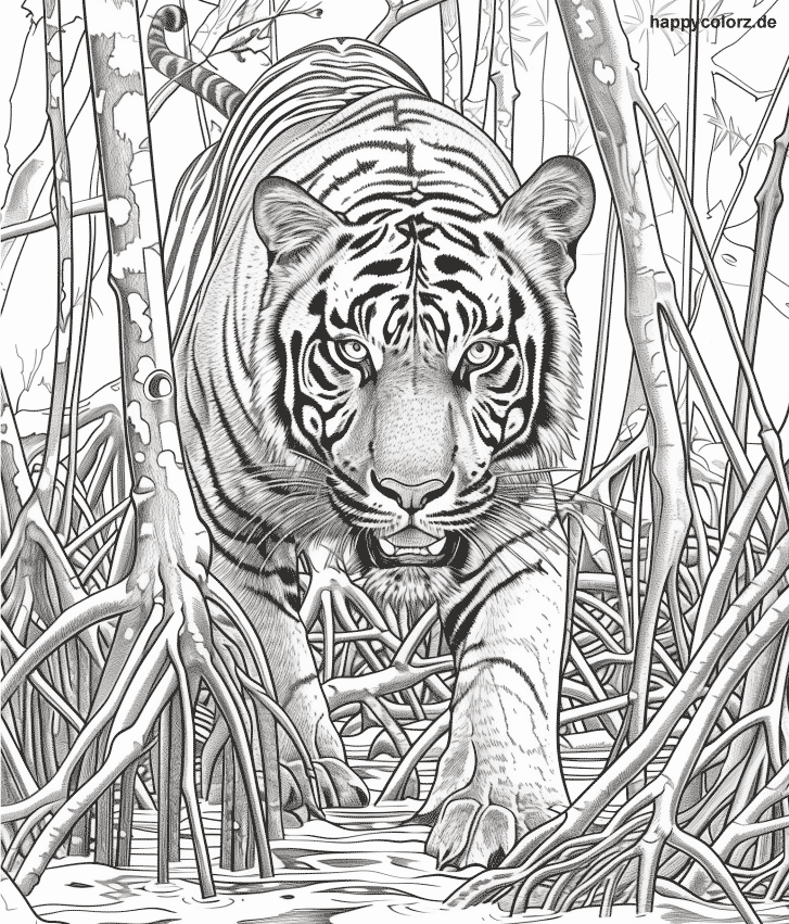 Ausmalbild Bengalischer Tiger in den Mangroven