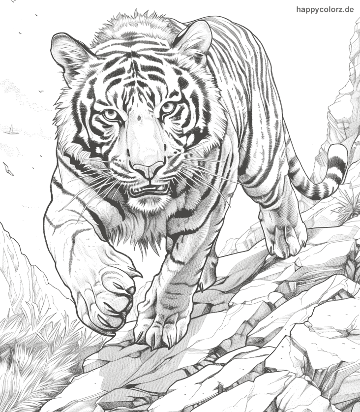 Indochinesischer Tiger in bergigem Gebiet Ausmalbild