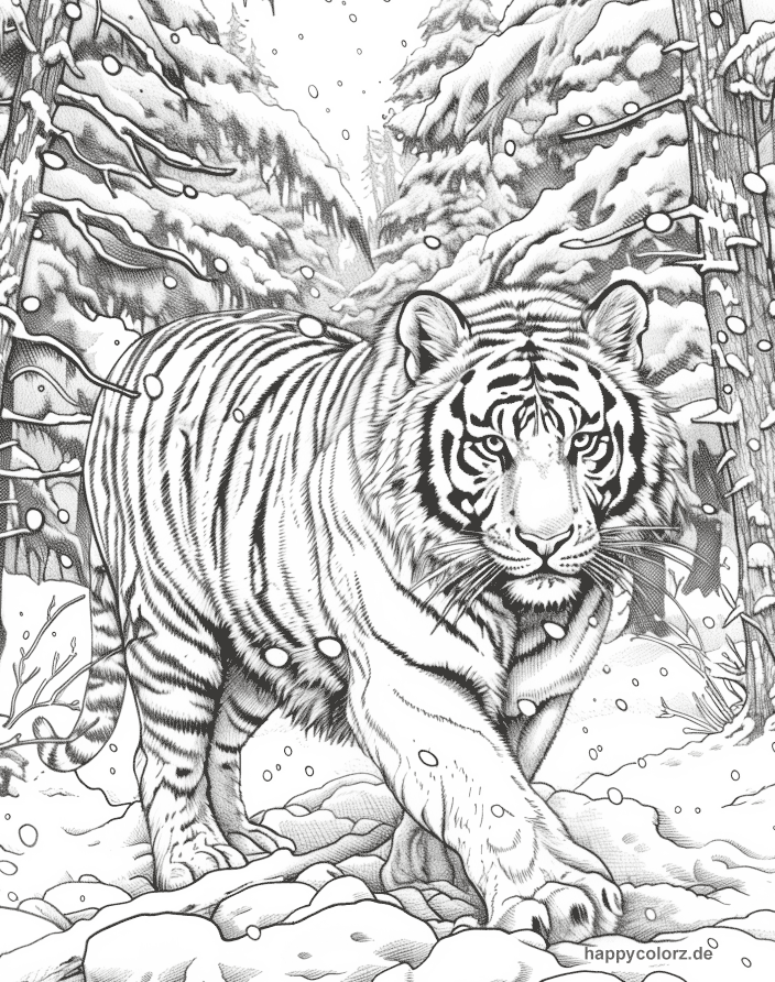 Ausmalbild Sibirischer Tiger im verschneiten Wald