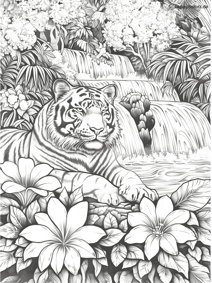Ausmalbild Sumatra Tiger am Dschungel-Wasserfall