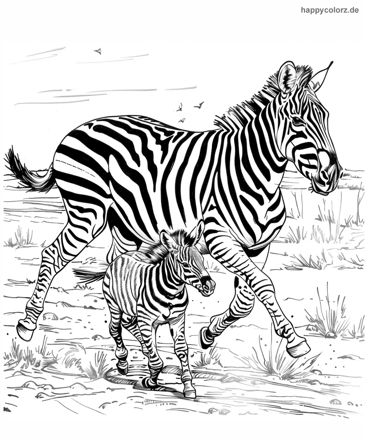 Ausmalbild Zebrafohlen lernt mit der Mutter laufen 