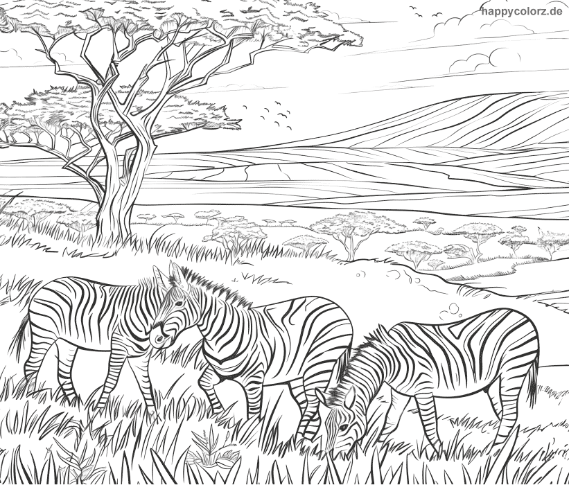 Ausmalbild Zebraherde in der Savanne