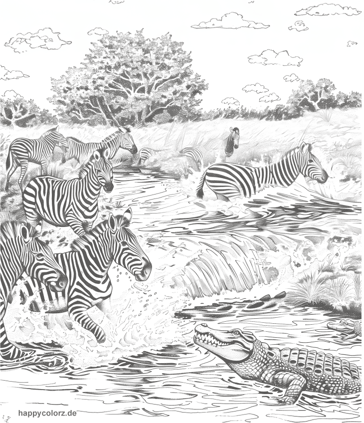 Zebras überqueren Fluss mit Krokodil Ausmalbild