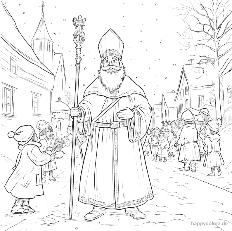 Nikolaus im Schnee auf der Straße Ausmalbild