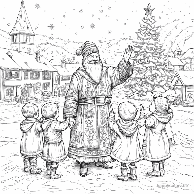 Malvorlage Nikolaus mit Kindern auf dem Dorfplatz mit Weihnachtsbaum